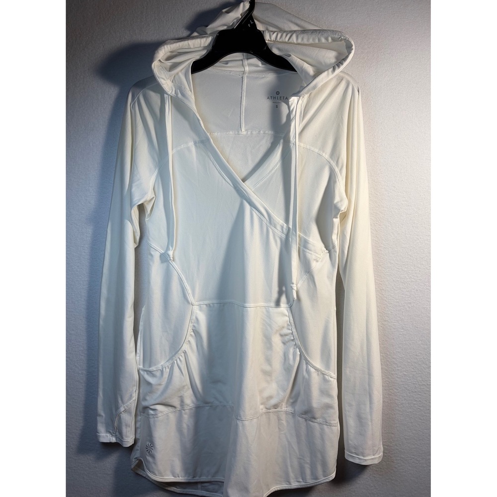 Athleta Hooded Tunic Women Small White Good Long Sleeve Mesh Activewear Top